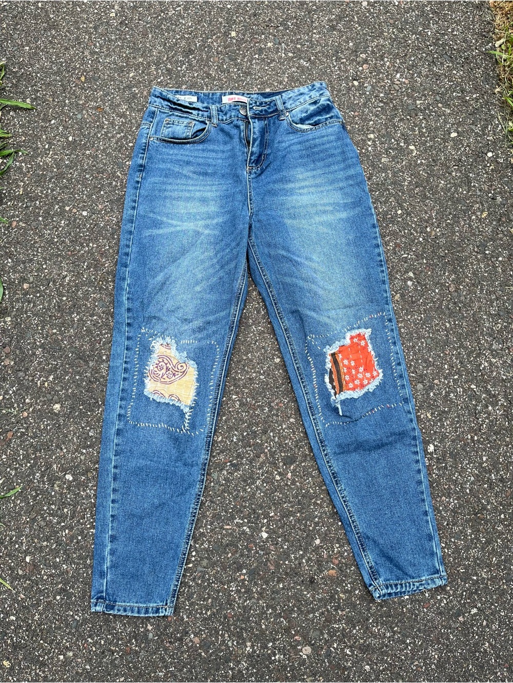 Hot Kiss Blue Denim Jeans with Red & Yellow Patchwork